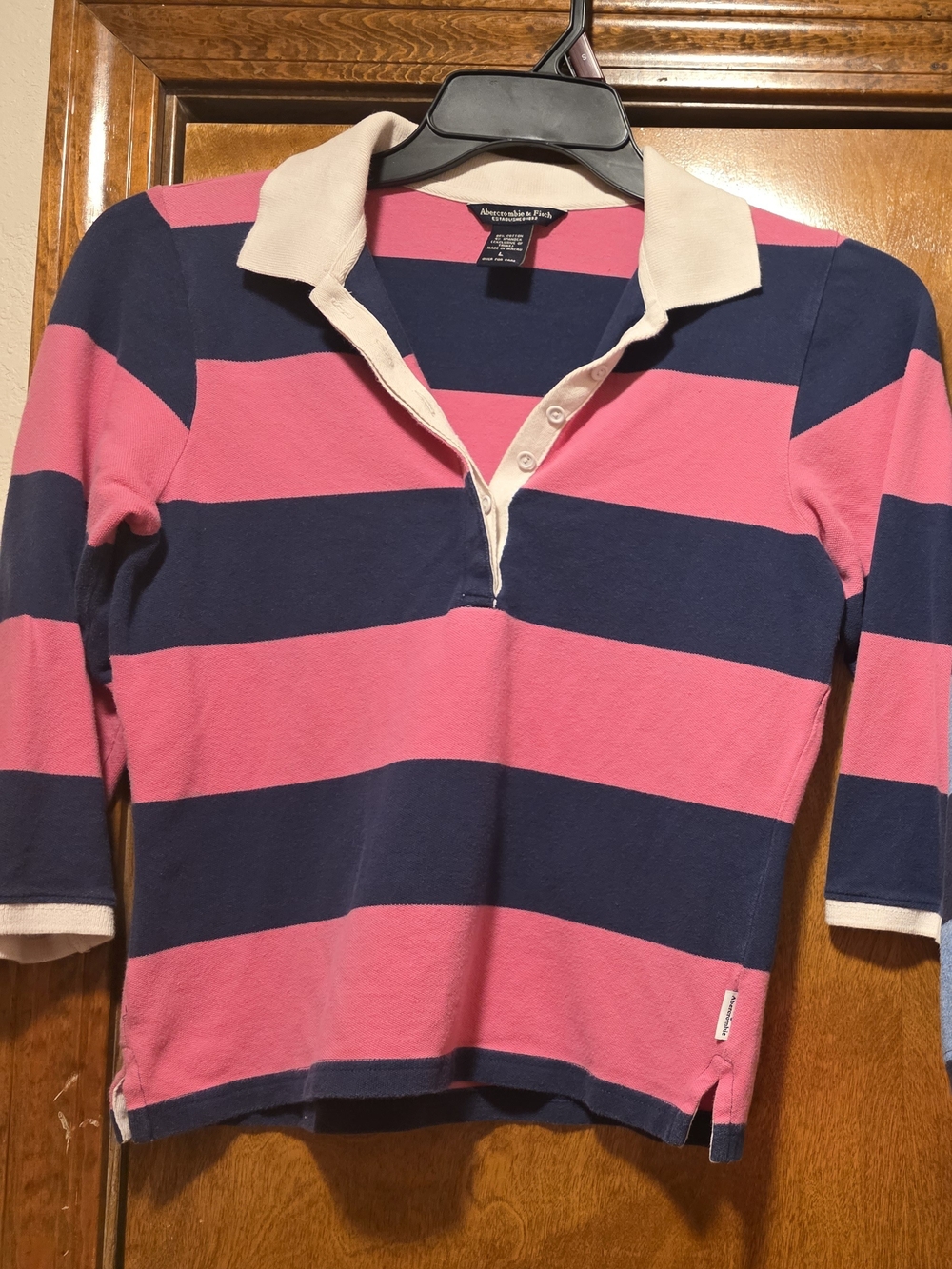 Abercrombie & Fitch Navy and Pink Striped Long-Sleeve Rugby Top